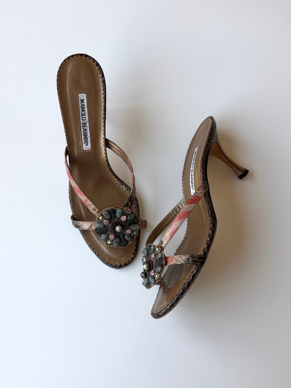 Manolo Blahnik snakeskin slides with jeweled floral embellishment, IT 38.5